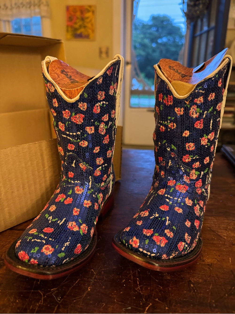 Girls Navy Floral Sequin Cowboy Boots - Sparkle Pink Accents